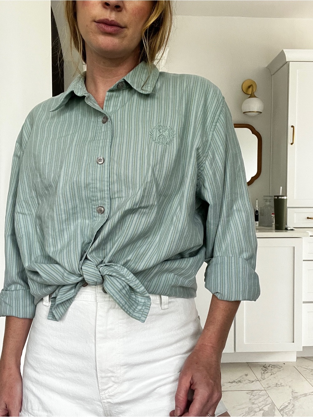 Vintage mint Green Striped Button Down Shirt embroidered emblem - Picture 2 of 9